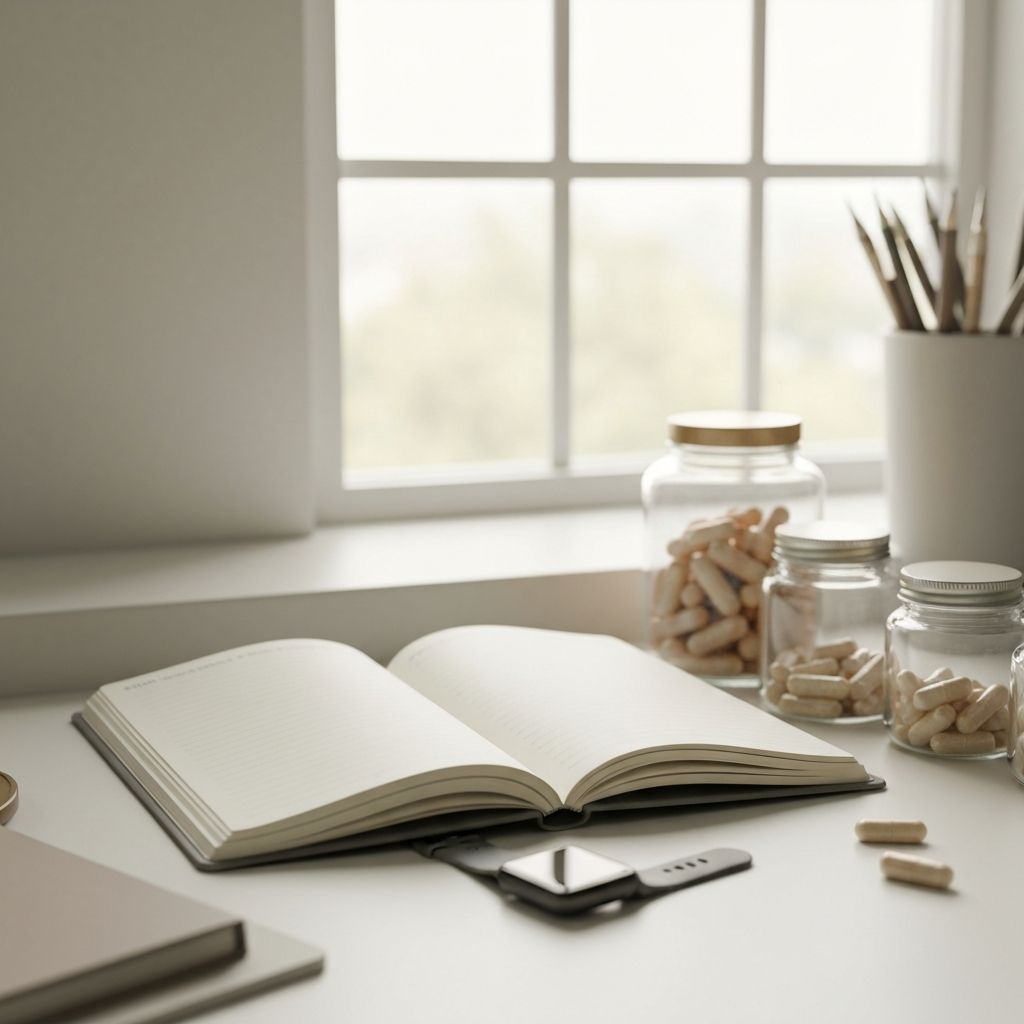 Offenes Notizbuch mit Supplementen und Smartwatch auf dem Schreibtisch