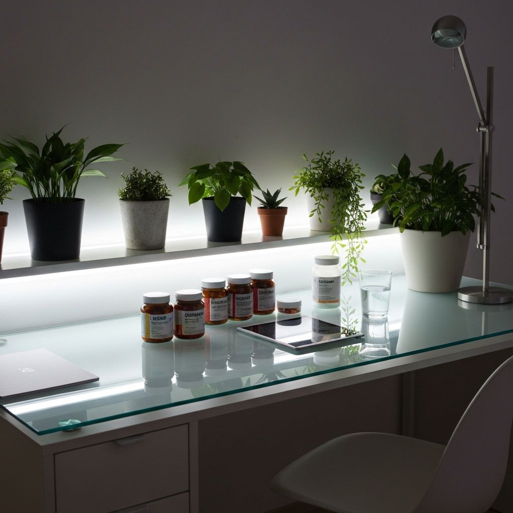 Moderne Glasschreibtisch mit Supplementen und LED-Beleuchtung