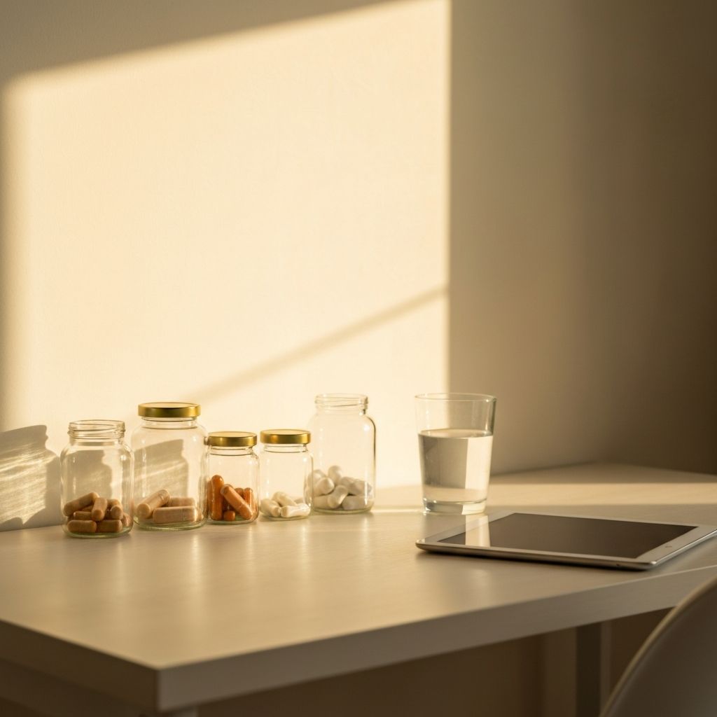 Morgenlich mit Supplementen in Gläsern, Wasser und Tablet auf dem Schreibtisch