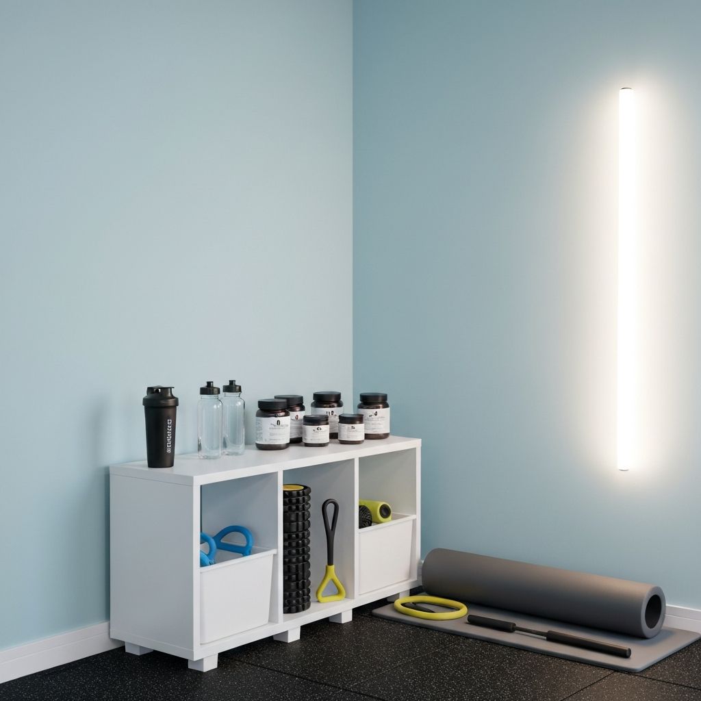 Fitnesscke mit Wasserflasche, Shaker und Supplementdosen