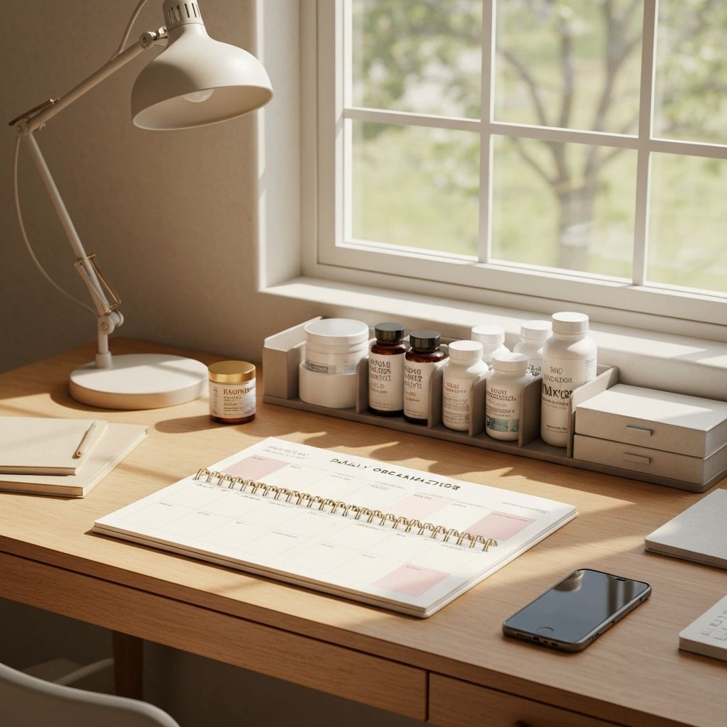 Schreibtisch mit Tagesplaner, Supplementen und Smartphone